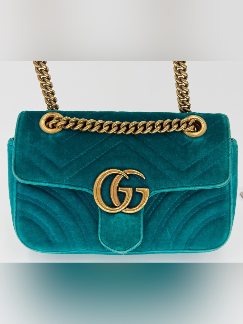 Gucci Teal Velvet GG Marmont Shoulder Bag with Gold Hardware Gorgeous!!! - Picture 6 of 14